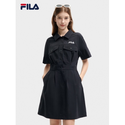 FILA 斐樂官方女子梭織連衣裙2024夏季新款時(shí)尚寬松翻領(lǐng)收腰裙子 正黑色-BK 170/88A/L